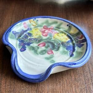 Vintage hand painted Pottery Spoon Rest Floral Signed Clouds Pottery Folsom
